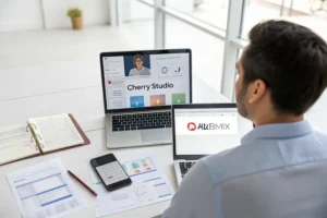 一位外貿業務員在現代辦公桌前，透過 Cherry Studio 軟體和手機上的 AihubMix 平台協作，營造高效數位工作氛圍。